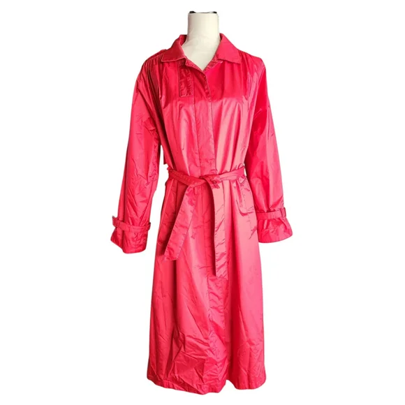 Vintage 80s Paris Sport Club Red Belted Long Nylon Trench Coat Women's 7/8 M - Picture 6 of 16